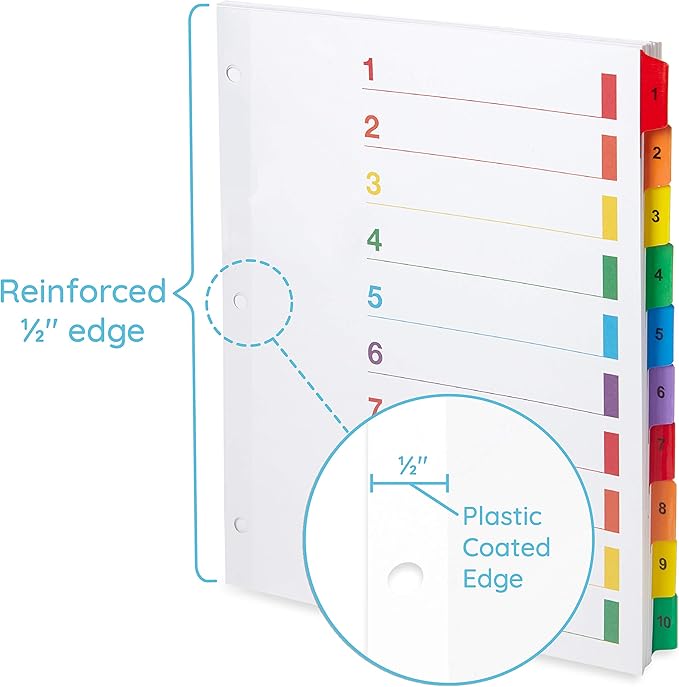 Blue Summit Supplies 10 Tab Binder Dividers for 3 Ring Binder or Notebook, Subject Dividers with Multicolor Numbered Tabs, Includes Customizable Table of Contents Index, 6 Sets