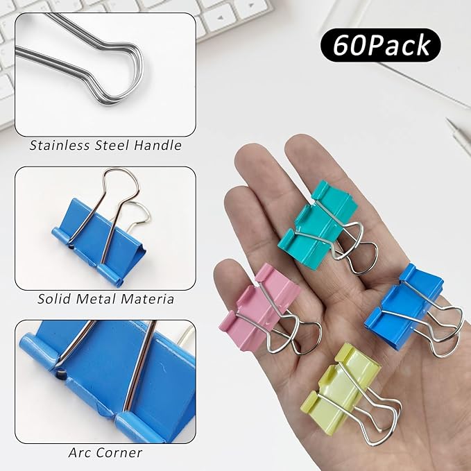 60 Pack Binder Clips Medium, 1.25 Inch/32mm Colored Binder Paper Clips with Container, Paper Clamps for Office Supplies, Home, School,Business Document Organizing (Blue, Pink, Yellow, Green)