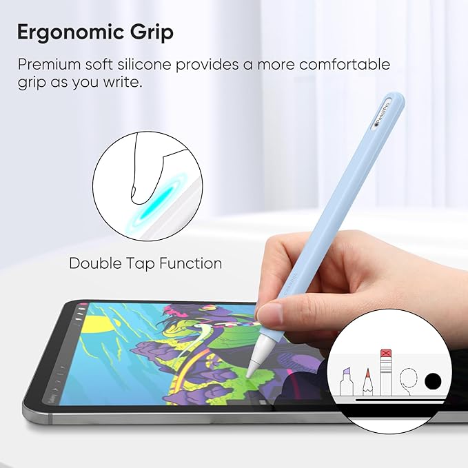 Fintie Silicone Sleeve for Apple Pencil Pro & Apple Pencil 2nd Generation, Light Pen Skin Case Cover Soft Protective Grip Holder with 2 Nib Covers Accessories, Sky Blue