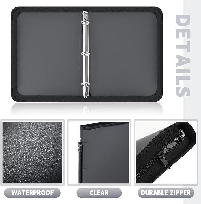 Teling 8 Pcs Plastic Zipper Binders with 3 Ring Zipper Binder, Refillable File Organizer Planner for Projects, Assignments, Memos, School Work (1 Inch,Black)