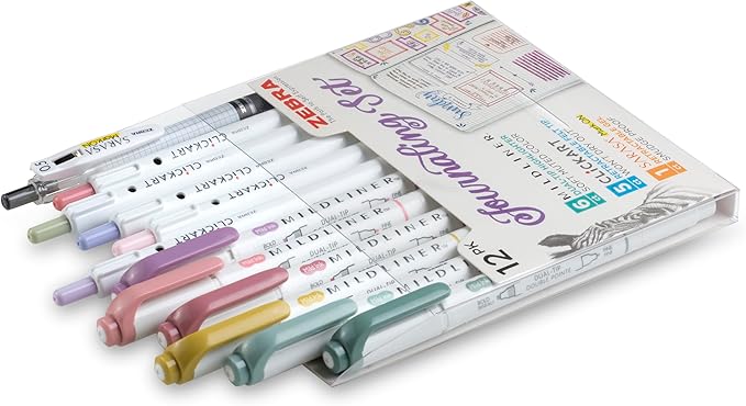 Zebra Pen - Premium 12-Pack Journaling Set - No Bleed Highlighters, CLiCKART Pens & SARASA Gel Pen - Assorted Colors for Note-Taking, Bible Study, Bullet Journaling and Creative Planning (14012)