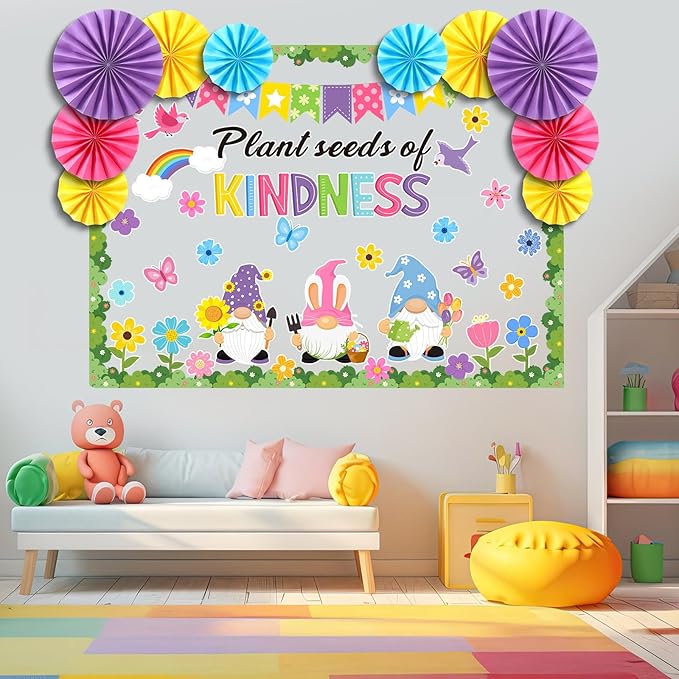 Eersida Spring Bulletin Board Decorations with Paper Fans St Patricks Day 3D Classroom Bulletin Board Christian Easter Flower Bunny Cutouts School VBS Library Church Window Wall Decor(Gnome)