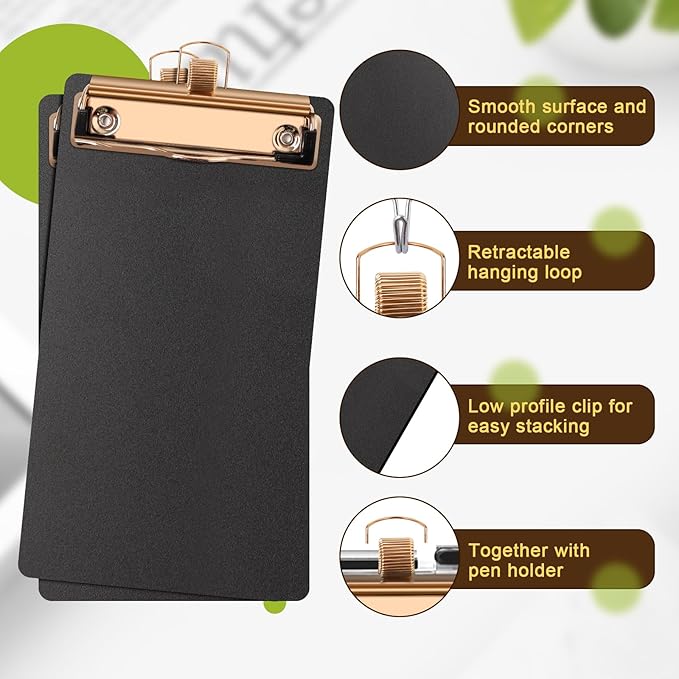 Black Plastic Clipboards 4 Pack Clipboard with Pen Holder 4.17x 8 inch Memo Size Plastic Clipboards Low Profile Clip Boards for Home Office School