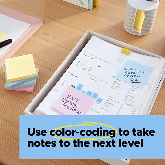 Post-it 100% Recycled Paper Super Sticky Notes, 3 in. x 3 in., 12 Pads, 70 Sheets per Pad, Wanderlust Pastels, New Year Organization or Second Semester School Supplies