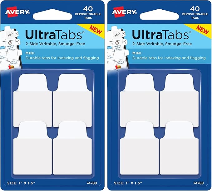 Avery Mini Ultra Tabs, 1" x 1.5", 2-Side Writable, White, 40 Repositionable Tabs (74788) (Pack of 2)