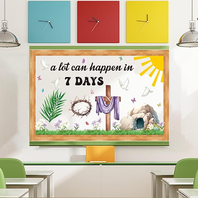 Easter Religious Bulletin Board Decorations Set with Borders Jesus Classroom Decor for Teachers A Lot Can Happen in 7 Days Bulletin Board for Class Sunday School Classroom Bulletin Board Decoration
