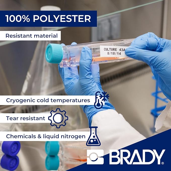 Brady Authentic (M4-126-461) Self-Laminating Cryogenic Polyester Labels 0.6" H x 1.8" W Black on White, Clear, 180 Labels. for use with The BMP41, BMP51, and M511 Label Printers