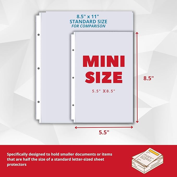 Officewerks Heavyweight Clear Mini Sheet Protectors Holds 5.5 x 8.5 Inch Sheets, Fits a 3-Ring Binder, Crystal Clear and Acid-Free with Reinforced Holes, Top Loading, Archival Safe (50 Pack)