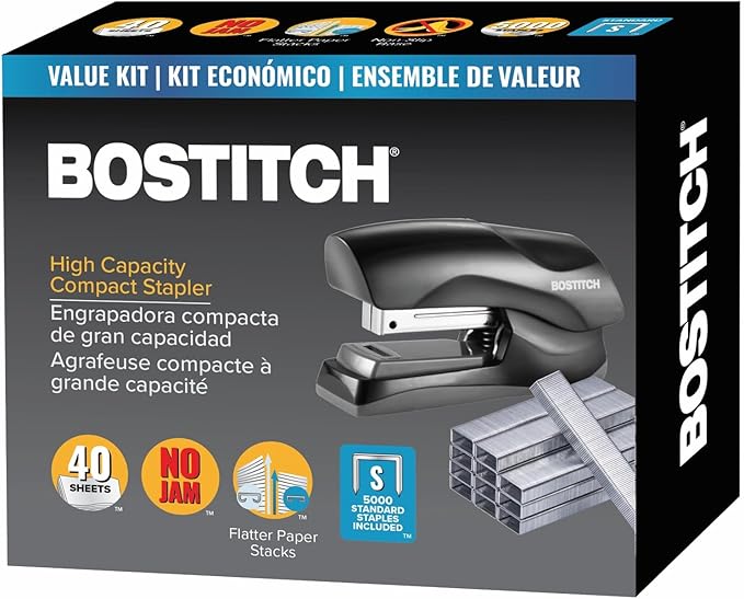 Bostitch Office Heavy Duty 40 Sheet Stapler with 1250 Staples & Claw Remover, Small Stapler Size, Fits into The Palm of Your Hand, Value Pack, Red (B175-BLK-VP