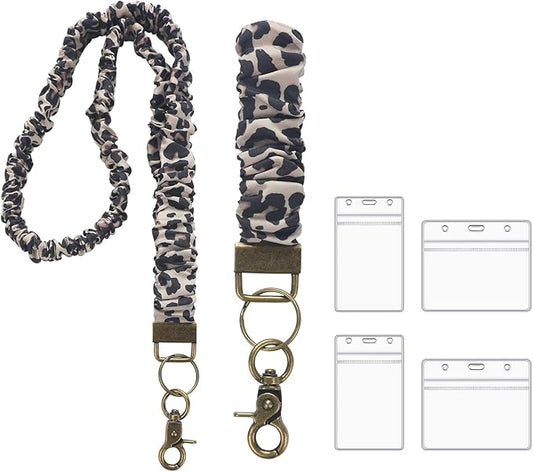 Marspark 2 Set Scrunchie Lanyards with 4 Card Holders for ID Badges and Keys Cute Stretchy Scrunchie Neck and Wrist Lanyards for Teacher Women Nurses School Office Supplies (Dark Brown,Leopard Print)