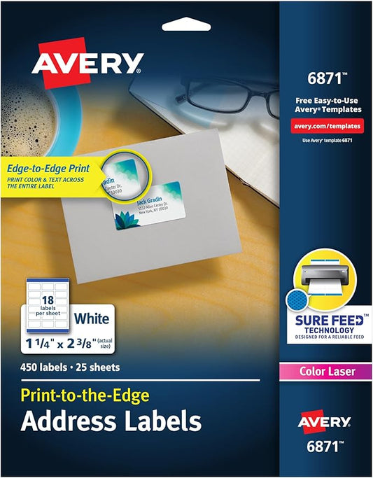 Avery Print-to-The-Edge Printable Address Labels, 1-1/4" x 2-3/8", Matte White, Sure Feed Technology, Laser & Inkjet Compatible, 450 Blank Labels, Great for Mailing, School Supplies, and More (6871)
