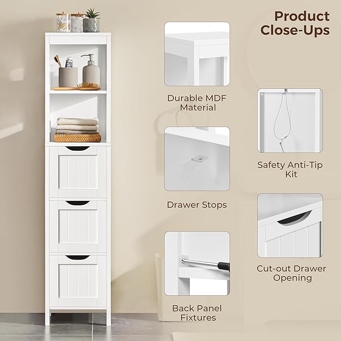 Yaheetech Bathroom Tall Cabinet, Slim Storage Cabinet, Narrow Freestanding Floor Cabinet with 3 Drawers & 2 Shelves, Linen Tower for Small Space, 12" D x 12" W x 56" H, White