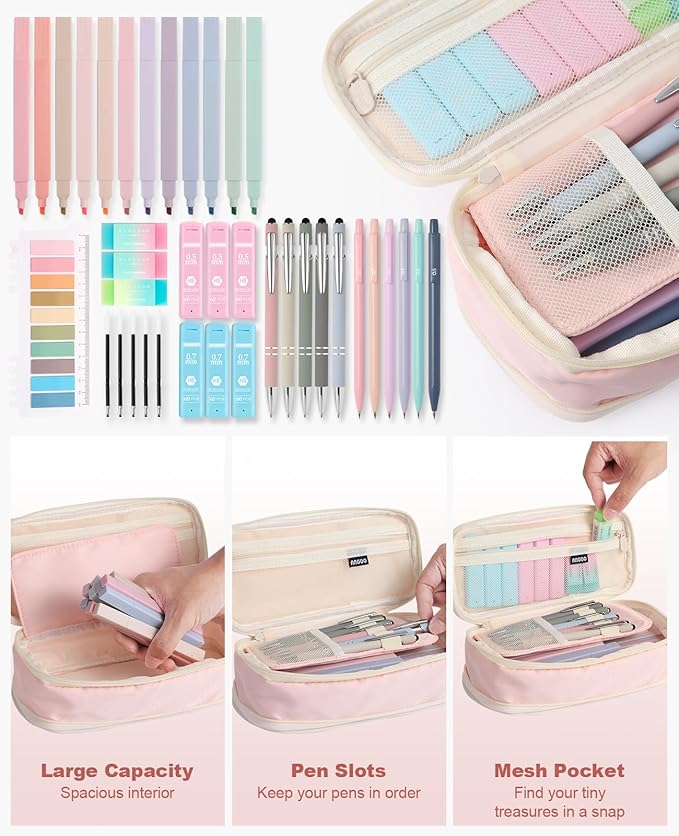 39PCS Aesthetic School Supplies with Cute Pencil Case, 5X Ballpoint Pens with Stylus Tip, 12X Pastel Highlighters, 6X Mechanical Pencil Set 0.5&0.7mm, Suit for Preppy School College Essentials(blue)