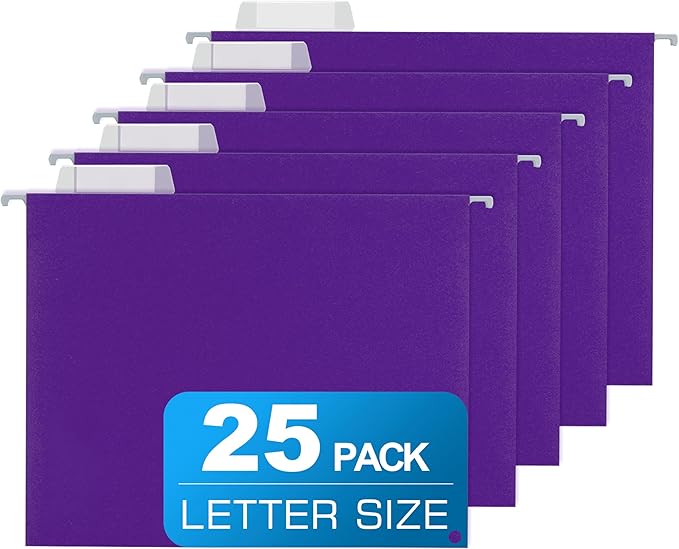 25 Packs Hanging File Folders with 1/5-cut Tab,Letter Size File Folders Purple for Filing Cabinet,Ideal Office,School Classroom Supplies