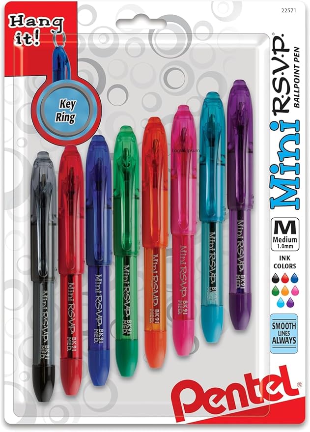 RSVP Mini Ballpoint Pen, (1.0mm) Medium Line, Assorted Ink Colors, w/Key Ring, 8 Pack