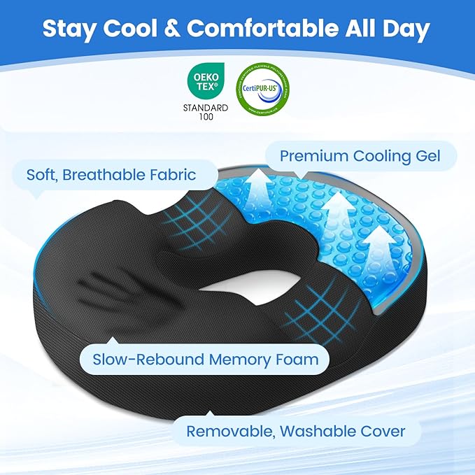 Donut Pillow for Tailbone Pain, Hemorrhoids - Cooling Gel Memory Foam Chair Seat Cushion for Office, Home & Wheelchair, Ergonomic Chair Pad for Pregnancy, Sciatica, Coccyx (XXL, Black)