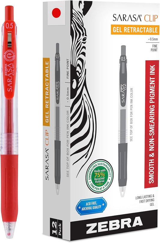 Zebra Pen Sarasa Clip Recycled Retractable Gel Pen, 0.5mm Fine Point, Red Ink, Water-Based, Ideal for Office and School, Journal, Note Taking and Planner Use, 75% Recycled, 12-Pack (47330AMZ)