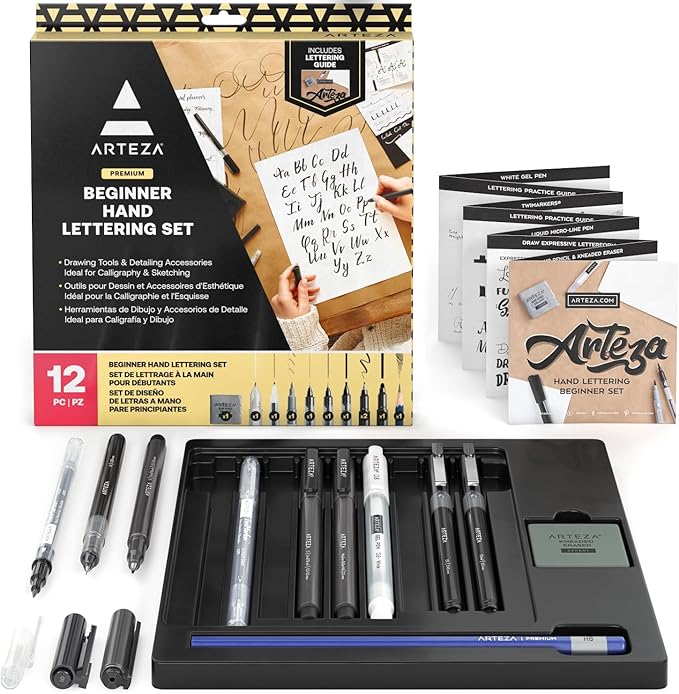 ARTEZA Hand Lettering Pens Set of 12 – Calligraphy and Brush Pens with Guidebook, Pencil, Eraser for Beginners Learning Hand Lettering and Decorative Writing