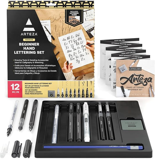 ARTEZA Hand Lettering Pens Set of 12 – Calligraphy and Brush Pens with Guidebook, Pencil, Eraser for Beginners Learning Hand Lettering and Decorative Writing