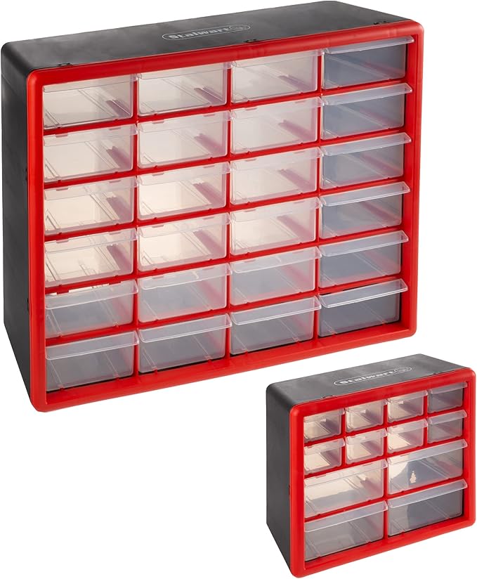 Set of Two Storage Bins with Drawers – Pair of 12 and 24 Drawer Desktop or Wall Mount Plastic Tool Organizers for Hardware or Crafts by Stalwart (Red)