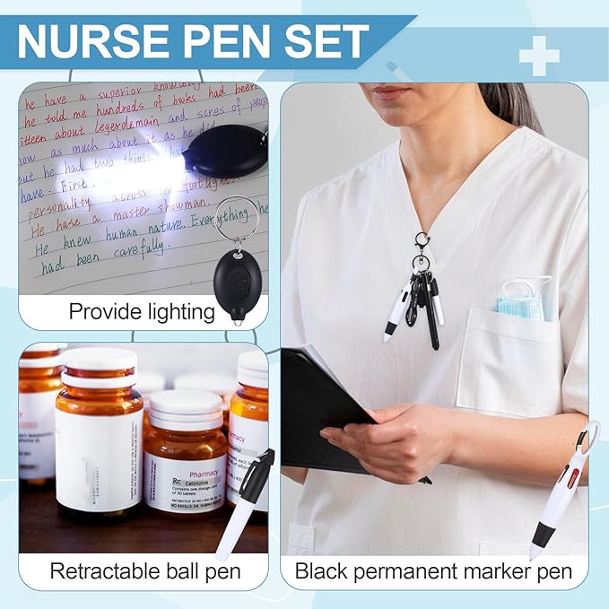 6 Pcs Nurse Pens for Badge Set,Nurse Badge Accessories with Reel Pen,Nursing Accessories Healthcare with Pens,Highlighter and Permanent Marker Pen and Led Keychain Foldable Scissors(Black)