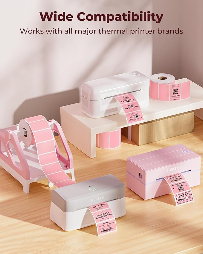 MUNBYN 130B Bluetooth Thermal Label Printer+2.25"x1.25" Pink Thermal Labels+Label Holder for Rolls and Fanfold Labels