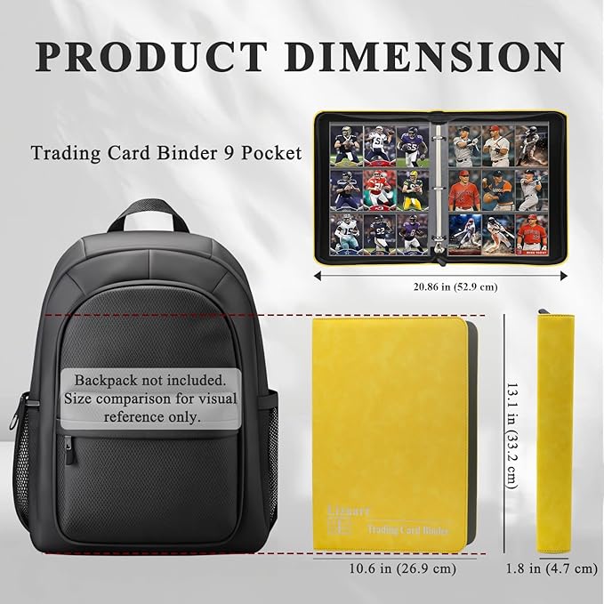 Trading Card Binder, 3-Ring 9-Pocket Zipper Binder for Baseball Cards, Sports Cards, TCG/CCG (MTG, Football, Basketball), 20 Black Leatherette Sheets, Side Load (Yellow, O-Ring)