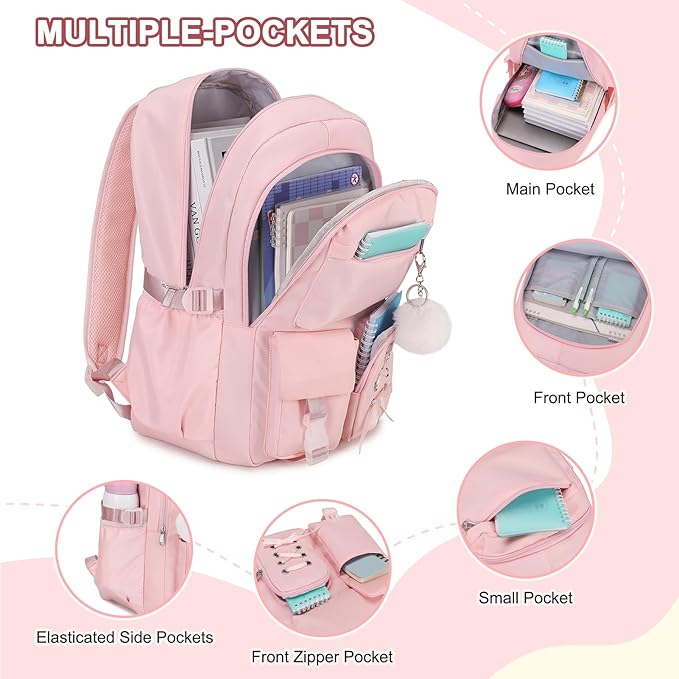 Backpacks for Girls, Girls Backpack with Lunch Box & Pencil Pouch for Teens Girl Kids Elementary Middle High School College Student Bookbag Daypack Laptop Travel Backpack for Women (Pink)