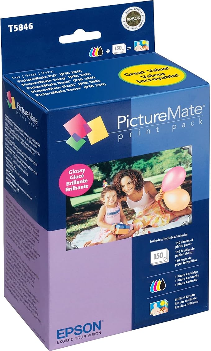 EPSON T584 Standard Capacity Ink & Paper Combo Pack - Glossy (T5846) for select PictureMate Printers Black; Cyan; Yellow; Magenta