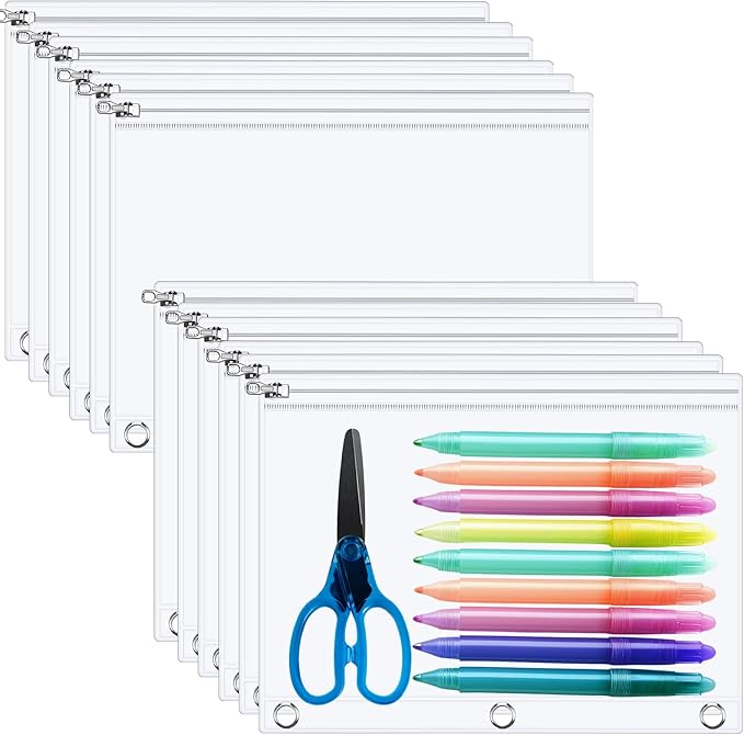 Lincia 24 Pack Clear Pencil Pouch for 3 Ring Binder Pencil Case with Zipper 3 Ring Binder Pocket Insert Bag 10 x 7'' Visible Cash Envelope with Re-enforced Grommet for Office (Clear)