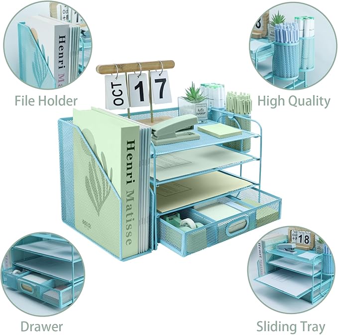 4 Tier Desk File Organiser with Extra Vertical File Sorter, Paper Letter Tray with Top Stationery Drawer Holder, A4 Paper Desktop Filing Trays, Magazine Document Holder for Home Office, Sky Blue