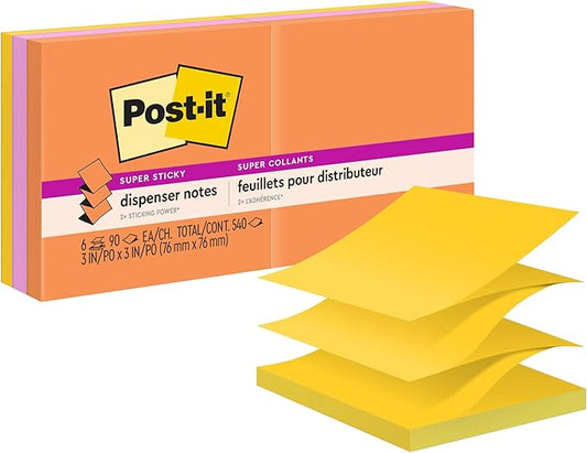 Post-it Super Sticky Dispenser Pop-up Notes, 6 Sticky Note Pads, 3 x 3 in., 2X The Sticking Power, New Year Organization or Second Semester School Supplies, Energy Boost Collection