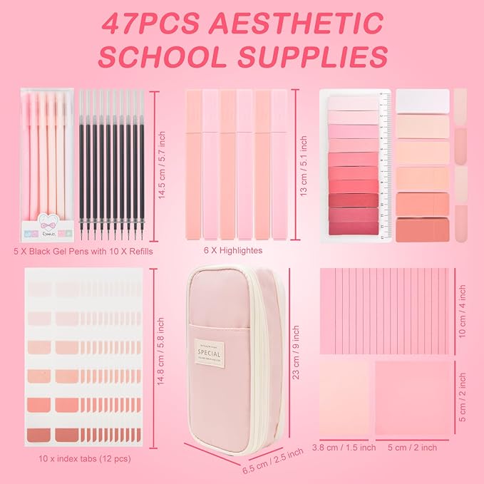ChezAbbey 47Pcs Aesthetic School Supplies with Pencil Pouch - Cute College Essentials Set, Big Capacity Pen Case, Pastel Highlighters, Bible Study Journaling Stationary Kit (Pink)