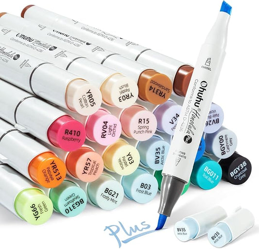 Ohuhu Brush Markers Honolulu Plus: 24-color Supreme Brush& Chisel Dual Tips Alcohol-based Art Marker Set for Artist Adult Coloring Book Illustrations- Refillable