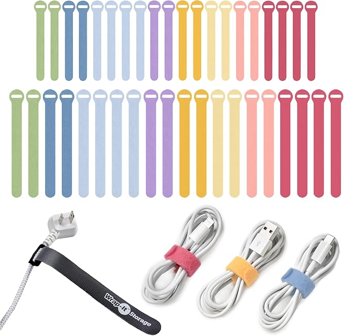 Self-Gripping Cable Ties by Wrap-It Storage, Macaron, 40 Pack (5 Inch and 8 Inch Straps) – Reusable Hook and Loop Cord Wraps for Home Office Desk Organization
