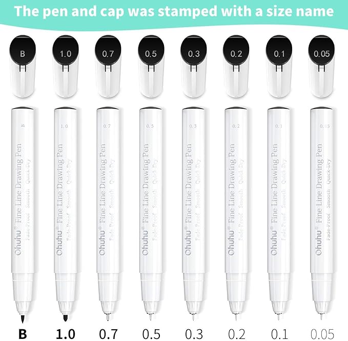 Ohuhu Fineliner Pens Micro Drawing Pens: 8-size Tips (Ultra-fine, Fine & Brush) Waterproof Pigment Black Ink for Illustration Drawing Journaling Sketching for Artist Beginners