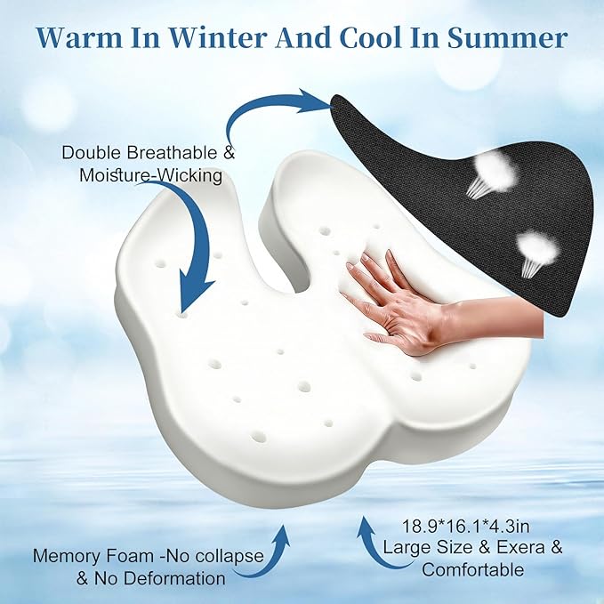 Ergonomic Memory Foam Seat Cushion | Relieves Sciatica, Tailbone & Lower Back Pain | Non-Slip, Breathable Pad for Office, Gaming, Car & Wheelchair Use | Ideal for Long Sitting Comfort