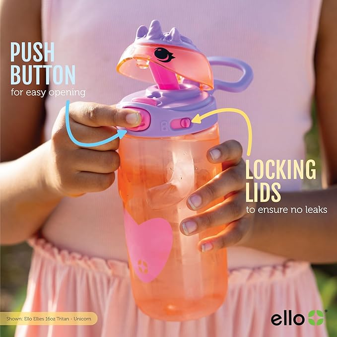 Ello Ellies 16oz Plastic Kids Water Bottle with Straw and Built-in Carrying Handle and Leak-Proof Locking Lid for School backpack, Lunchbox and Outdoor Sports, Pig