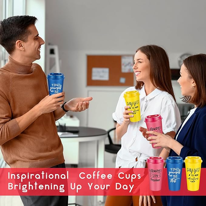 48 Pcs Inspirational Gifts for Employee Coworkers Staff Teammate, 16oz Reusable Plastic Coffee Cups with Positive Sayings, Bundle Gifts for Woman Man Coworker (Bright Color,Inspirational)