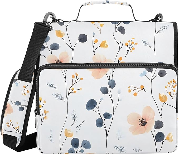 3 Ring Zipper Binder with Shoulder Strap Flower Wildflower 1.5 inch Binders Keeper Large Capacity Multi Pockets for School Office Supplies