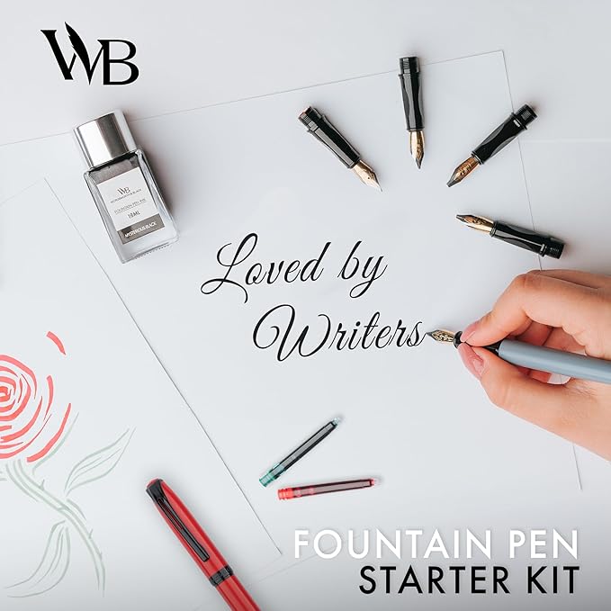 Wordsworth and Black Fountain Pen Set - Grey - Includes 2 Pens, 18 ML Ink Bottle, 60 Ink Cartridges, A Refill Converter, 1 Medium and 4 Broad Nibs, Brush Pen - Fountain Pen Kit for Beginners