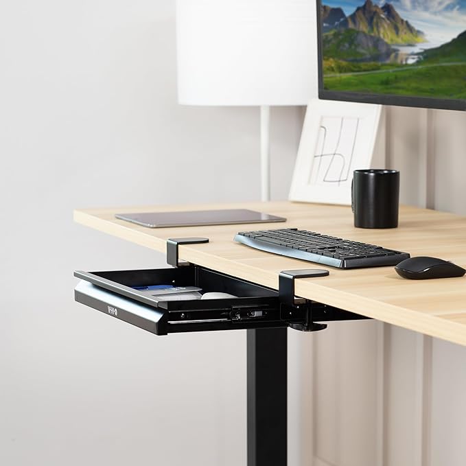VIVO 16 inch Clamp-on Sliding Pull-out Under Table Drawer for Office Desk, Shallow Storage Organizer for Sit Stand Workstation, Black, DESK-DR2C