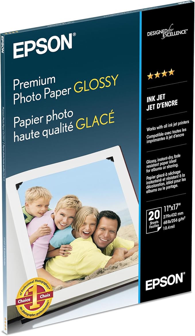 Epson Premium Photo Paper GLOSSY (11x17 Inches, 20 Sheets) (S041290),White