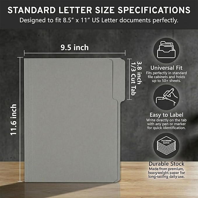 100 Packs File Folder,Grey File Folders Letter Size,1/3-Cut Tabs,8.5x11 Inch File Folders for Office,School and Home,Organizer Documents