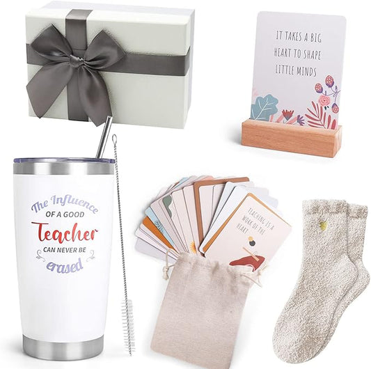 Teacher Gifts, Teacher Appreciation Gifts with 20 OZ Insulated Tumbler, Affirmation Cards Unique Gift Ideas for Women, Cozy Socks Thank You Basket Box for New Teachers, Teachers Christmas Gift