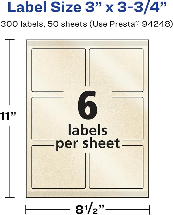 Avery Pearlized Ivory Rectangle Labels, Sure Feed Technology, Print-to-The-Edge, 3" x 3.75", 300 Pearlized Ivory Labels, Laser/Inkjet Printable