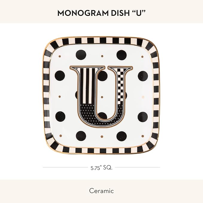 MACKENZIE-CHILDS Monogram Dish, Decorative Ceramic Letter Plate, 5 3/4" Square, U