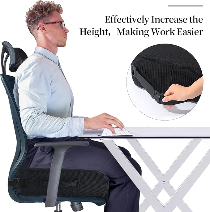 MABOZOO Extra Thick Chair Cushions,Office Chair Booster Seat Cushion to Raise Seat Height for Pain Relief,18 x 16 x 6 inch Non Slip Memory Foam Thick Cushion with Carry Handle（Black）