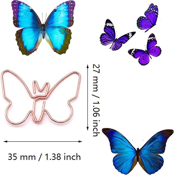 Cute Paper Clips, Butterfly Paperclips, Smooth Metal Paper Clips for File Organization or Decoration（20 Pcs/Box, Pink, Gold, Rose Gold