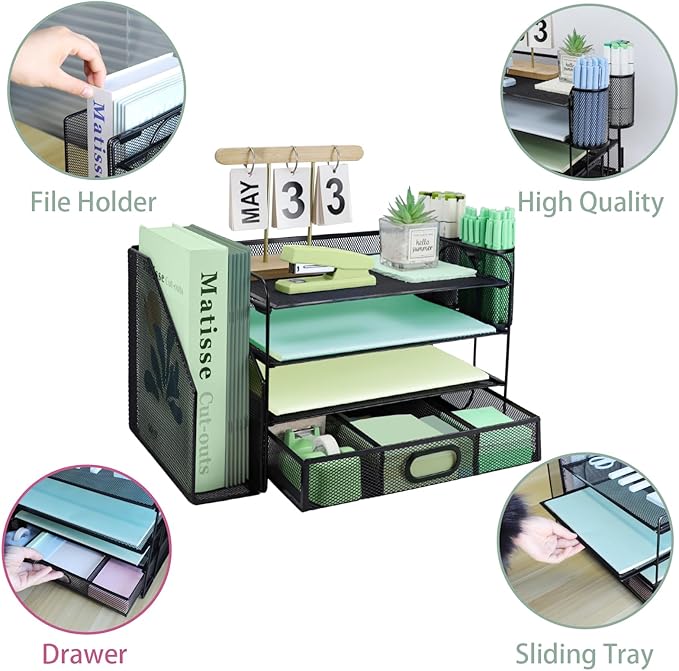 4 Tier Desk File Organiser with Extra Vertical File Sorter, Paper Letter Tray with Top Stationery Drawer Holder, A4 Paper Desktop Filing Trays, Magazine Document Holder for Home Office, Black